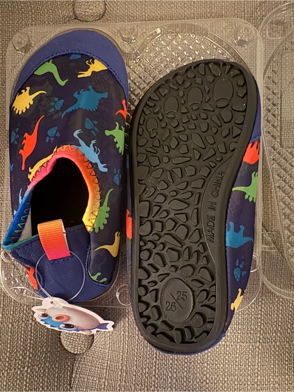 Kids Navy Water Shoes with Rainbow Dinosaur Print